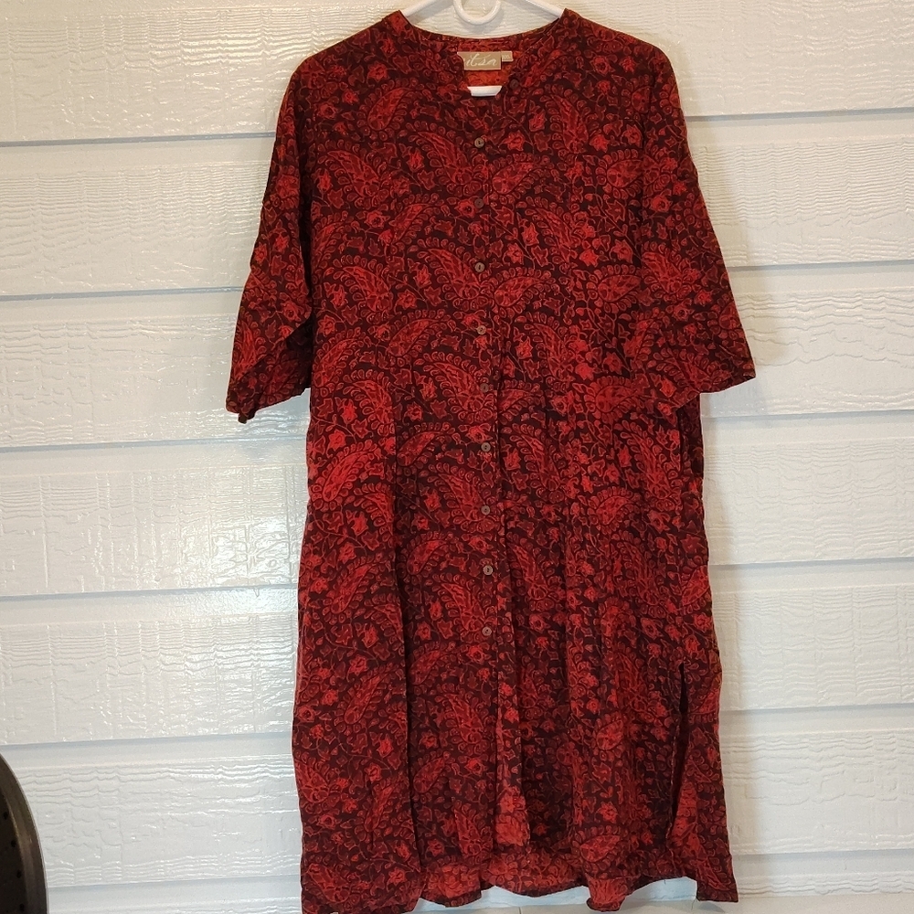 UTSA Midi Dress Women 2X Button Up Kurta Paisley Lagenlook Arsty Pockets